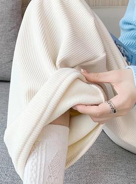 H506加绒阔腿裤女秋冬高腰垂感宽松显瘦灯芯绒直筒拖地白色休闲裤