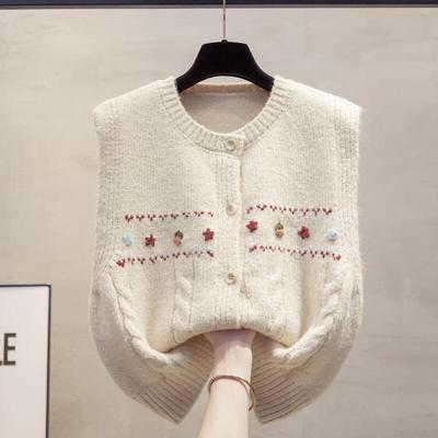 手工花开衫圆领针织马甲背心女2025春秋新款宽松马夹外穿毛衣坎肩