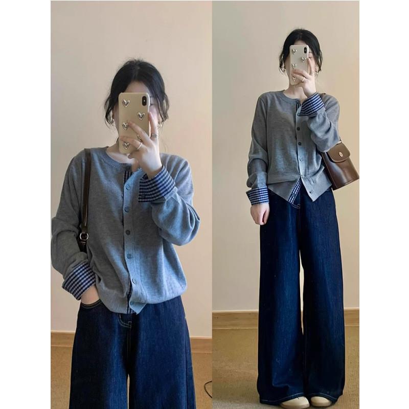 假两件miu系叠穿针织衫女秋冬灰色毛衣开衫外套拼接格子内搭上衣