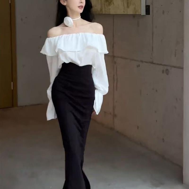 法式灯笼袖一字领露肩新款喇叭衬衫辣妹上衣两件套鱼尾中长半身裙
