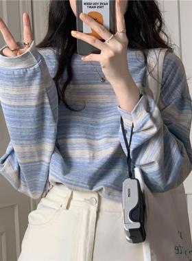 2025条纹长袖春季新品学院风T恤春天韩版圆领宽松上衣女打底衫