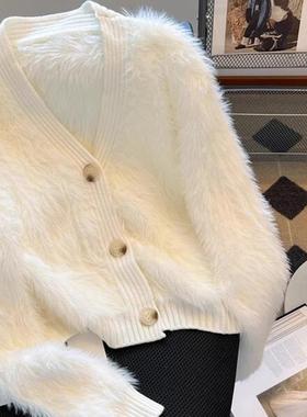 2025春秋季新款时尚毛绒绒短针织开衫女宽松上衣显瘦洋气毛衣外套