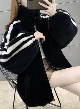 2025年冬季新款宽松薄款立领时尚百搭仿兔毛保暖外套上衣女