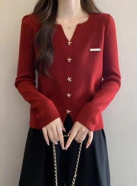 红色V领针织开衫女春秋款大码胖妹妹显瘦高级感上衣欧货漂亮毛衣