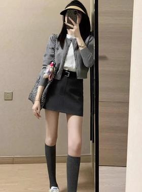 灰色针织开衫女2025秋季新款修身百搭薄款毛衣外套小个子短款上衣