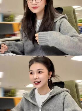 灰色连帽双拉链毛衣外套女早秋季2025新款复古慵懒风宽松针织开衫