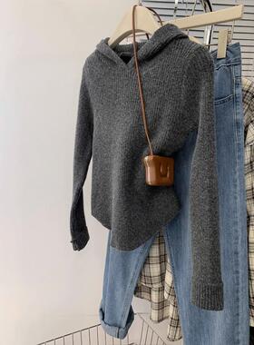 灰色浣熊绒连帽毛衣女秋冬冬季内搭打底衫修身外穿正肩带帽针织衫