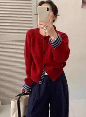 灰色圆领假两件针织开衫外套女秋冬慵懒风独特短款拼接小个子上衣