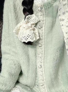绿色花边设计感针织毛衣开衫女2025新款秋季文艺复古慵懒外套上衣