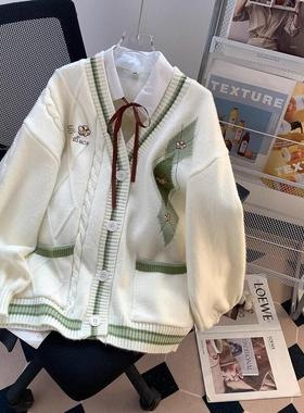2025秋季女装女学生韩版宽松学院风可爱蝴蝶结毛衣针织洋气开衫