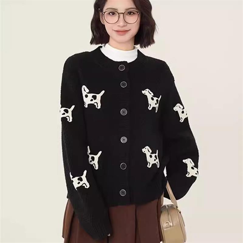 黑色小狗毛衣开衫女春秋2025慵懒风加厚设计感小个子欧货针织外套