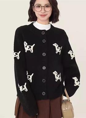 黑色小狗毛衣开衫女春秋2025慵懒风加厚设计感小个子欧货针织外套