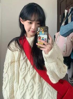 加厚版慵懒风白色麻花套头毛衣女秋冬新款韩版宽松长袖针织衫潮