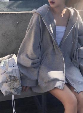 灰色连帽卫衣女新款宽松加绒休闲运动外套春秋季长袖拉链开衫上衣