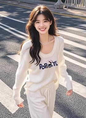 韩系白色卡通字母印花宽松毛衣针织衫女2025新款春秋内搭打底上衣