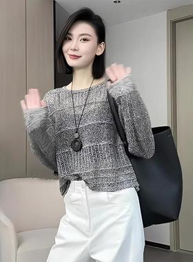 灰色镂空设计感圆领长袖针织衫女2025新款早春宽松小个子洋气上衣