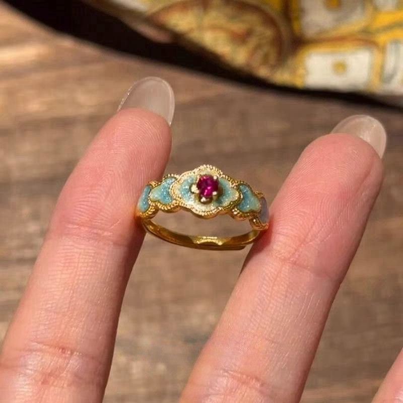 复古蓝花珐琅滴釉红宝石戒指新中式优雅高贵宫廷风食指戒