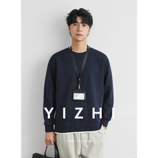 亦止男装310g重磅假两件圆领卫衣男春秋季2025新款撞色男士上衣潮