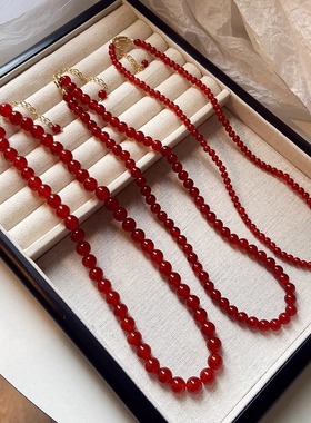 新中式红玛瑙玉髓项链翡翠色系显白国风串珠红色喜庆本命年锁骨链