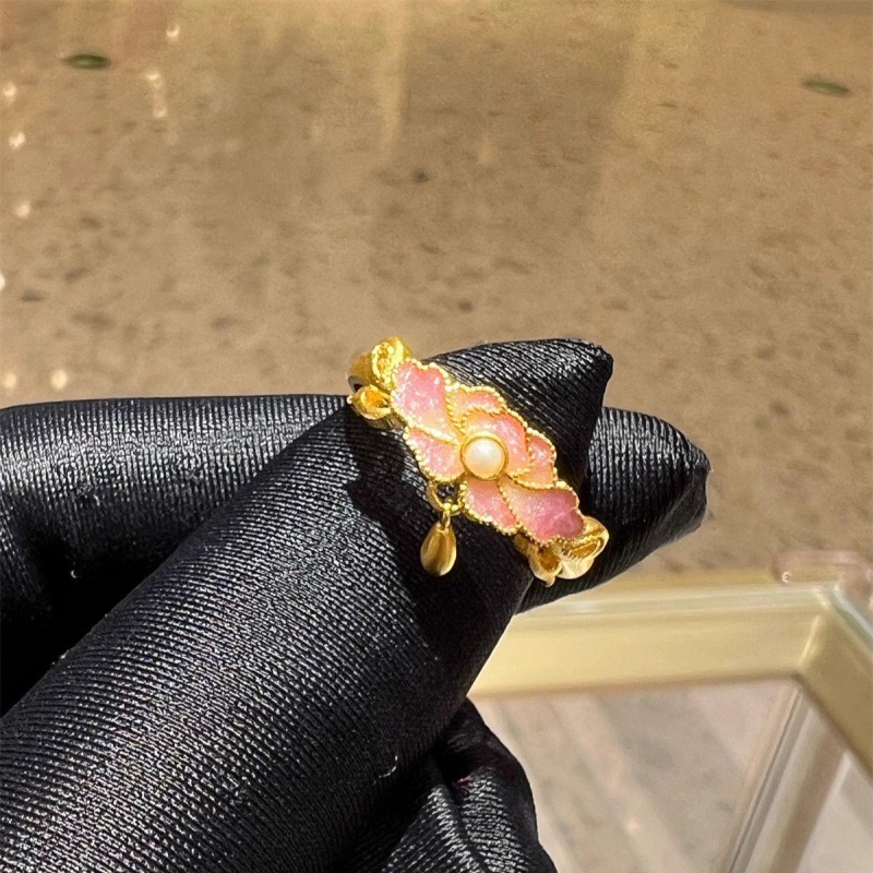 新年款粉色花朵珐琅戒指复古优雅开口莲花戒轻奢感食指戒气质指环