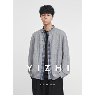 亦止男装假两件条纹拼接开衫针织毛衣外套男春秋新款学院风上衣潮