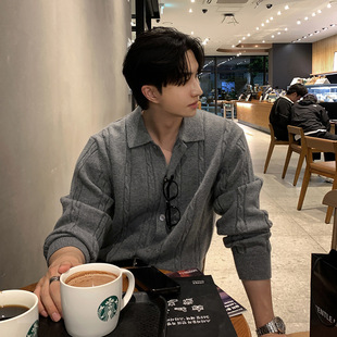 ASCLO新款韩版慵懒休闲翻领麻花纹针织衫轻奢单排扣百搭男士毛衣