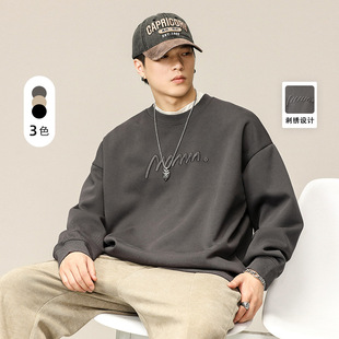 亦止男装美式复古重磅刺绣卫衣男春季新款宽松大码潮牌圆领上衣男