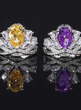 高档珠宝镀18K金时尚高碳钻冰花切设计宝石款皇冠戒指女8*12饰品