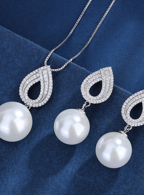 新款高档珠宝镀18K金镶嵌贝母珍珠韩版时尚简约款珍珠套装14mm