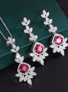 新款高档珠宝铜镀真金风红刚玉吊坠耳环女式套装首饰石8*8饰品