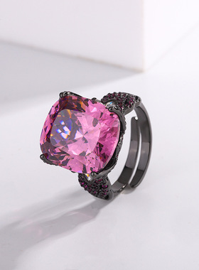 新款高档珠宝豪华镀金镀18K金复古时尚刚玉黑金戒指女14*16饰品