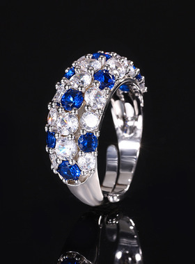 新款高档珠宝豪华镶嵌镀18K金蓝尖晶红刚玉戒指复古风镶钻排戒