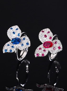 新款珠宝S925银镀18K金欧美蓝尖晶红刚玉戒指复古风花卉女款戒指