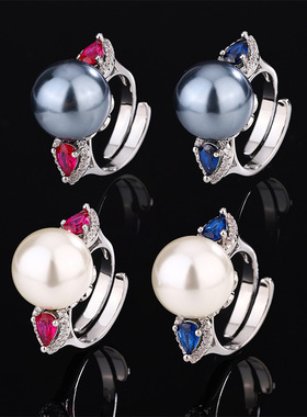 新款高档珠宝豪华镶嵌铜镀白金新款彩宝珍珠气质女式戒指14mm饰品