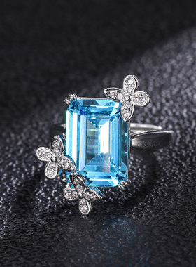 新款高档珠宝豪华镶嵌时尚流行托帕蓝简约风活口戒子主石10*14