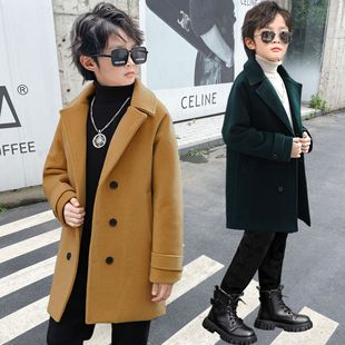 秋冬新款男童双排扣洋气毛呢大衣加厚儿童韩版翻领中长款毛呢外套