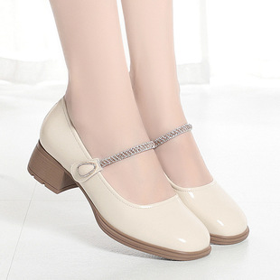 单鞋 女英伦风一字扣软皮女鞋 粗跟方头纯色小皮鞋 2024年新款 春秋季