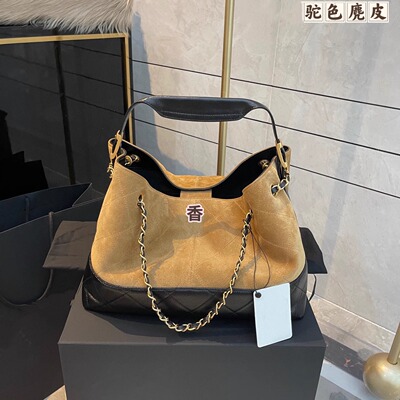 小香风25A麂皮慵懒托特包拼接hobo包大容量链条水桶包单肩斜挎包