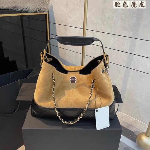 小香风25A麂皮慵懒托特包拼接hobo包大容量链条水桶包单肩斜挎包