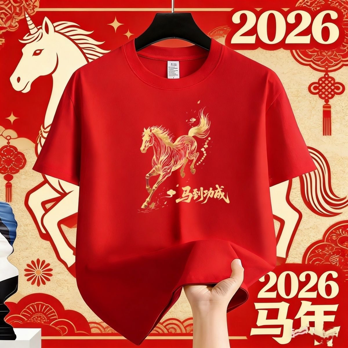 重磅100纯棉2026马年骏马短袖T恤印花男士本命年红色高级体恤上衣