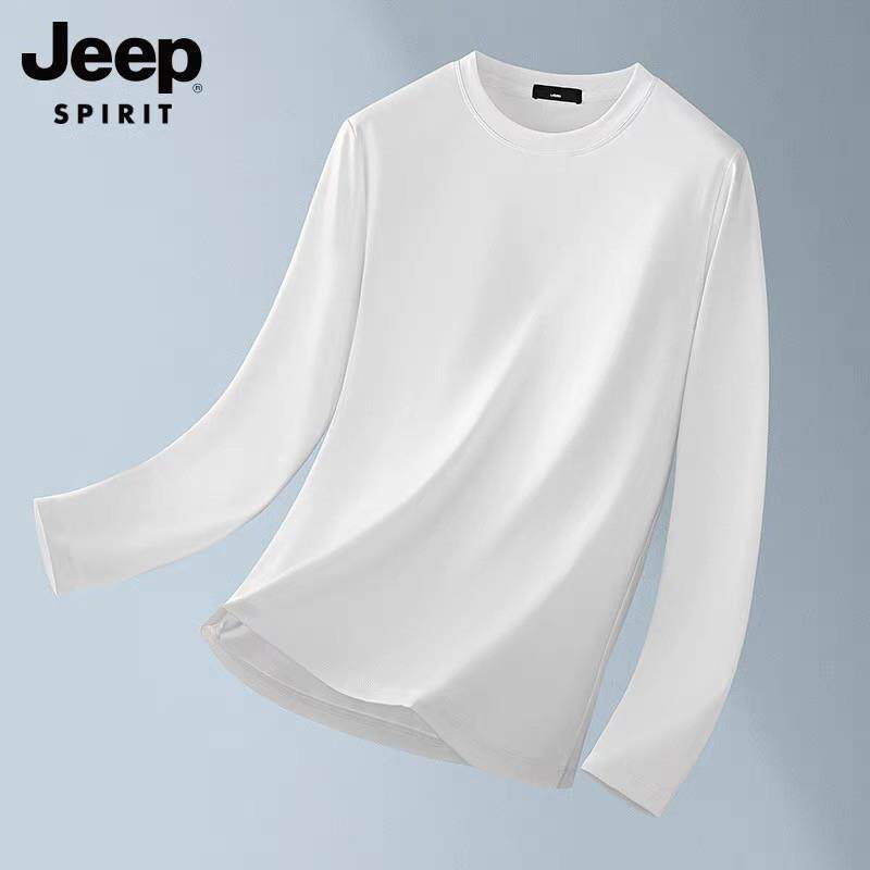 JEEP吉普白色纯棉打底衫男2025秋季新款宽松圆领男士内搭长袖t恤R
