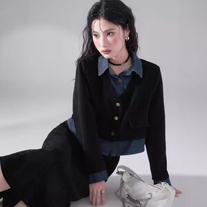 2024新款法式复古假两件灯芯绒高级感收腰显瘦两件套连衣裙女秋冬