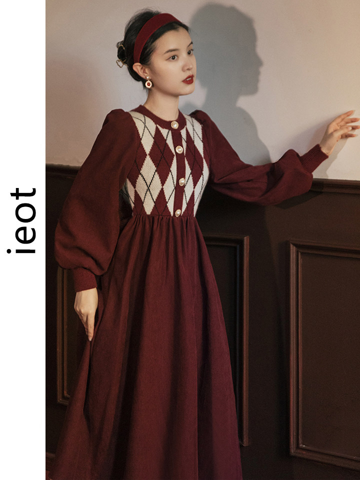 复古新年红色连衣裙女2021秋冬新款法式针织拼接收腰显瘦内搭长裙