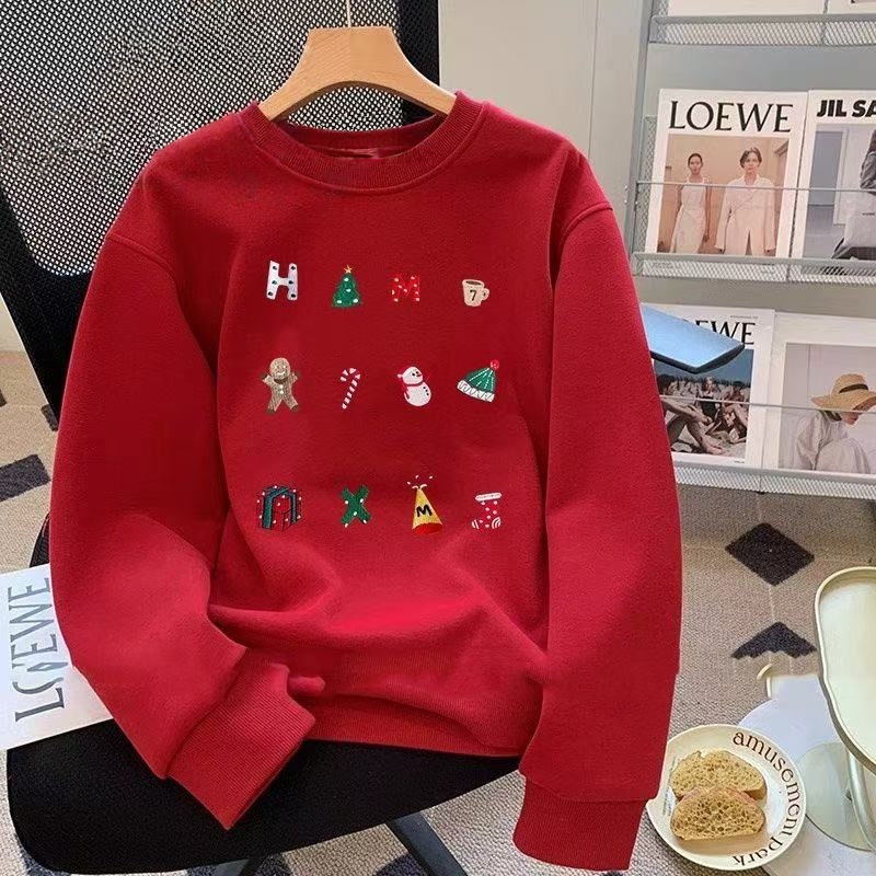 女童好看超漂亮圆领卫衣2025中大儿童女孩新年圣诞红色长袖上衣服