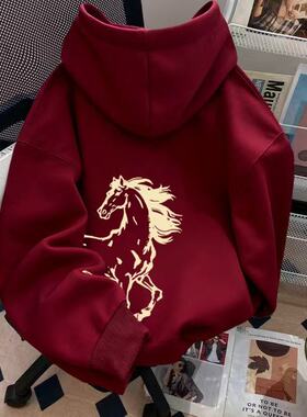 男女童马年本命年红色连帽卫衣2026新年中大儿童秋冬加绒外套上衣