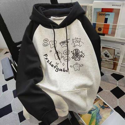 女童美式复古慵懒风拼色插肩袖连帽卫衣秋冬中大儿童女孩外套上衣