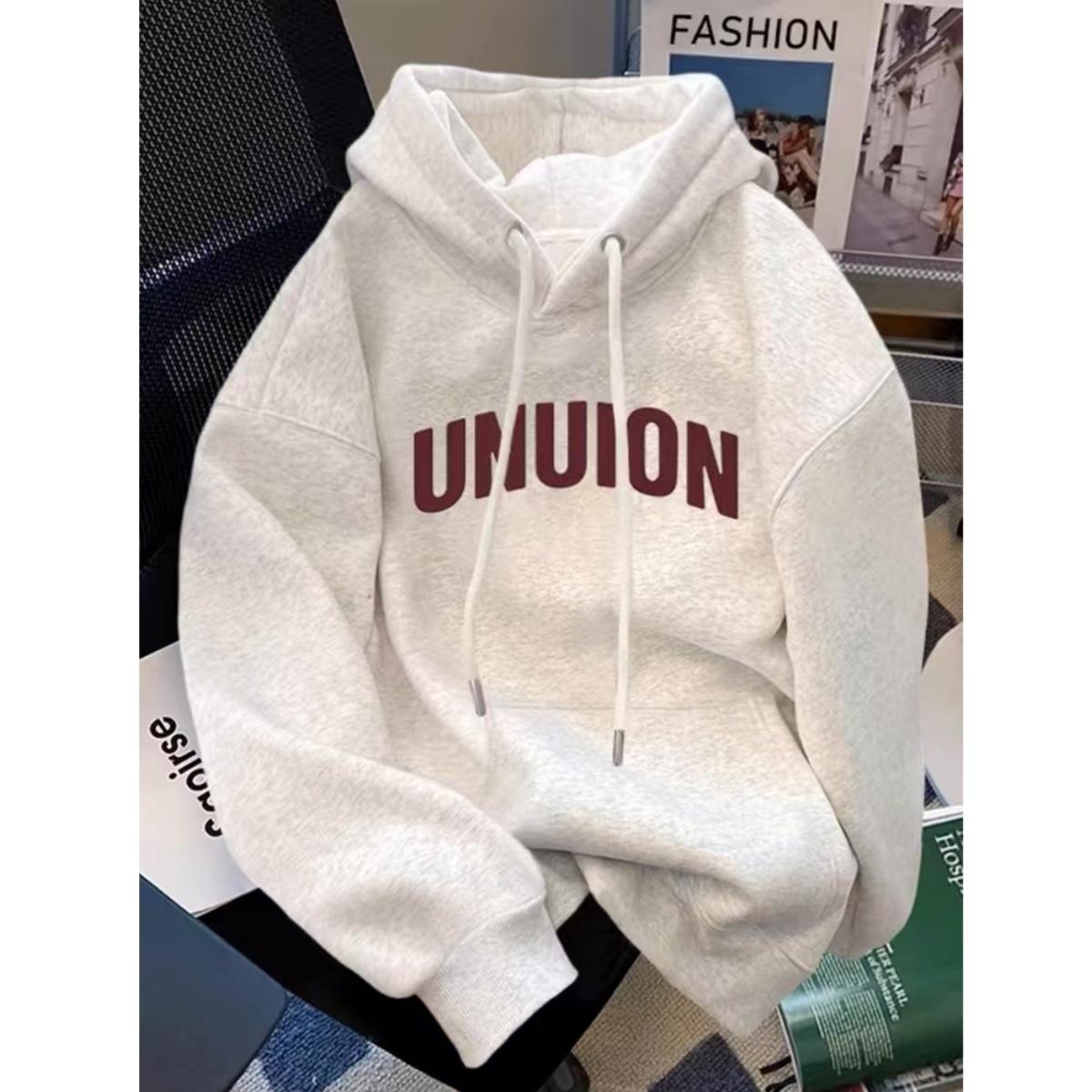 中大儿童美式复古休闲白灰色宽松连帽卫衣男女童秋冬装加绒上衣服