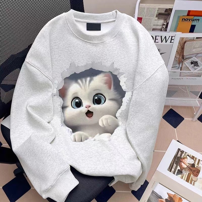 春季中大儿童卡通可爱猫咪纯棉圆领套头卫衣女童秋冬加绒长袖上衣