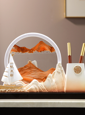 一帆风顺流沙画笔筒摆件