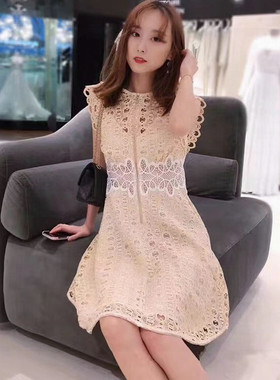 法单S家甜美水溶蕾丝镂空腰间撞色无袖连衣裙法式休闲短裙R20568E